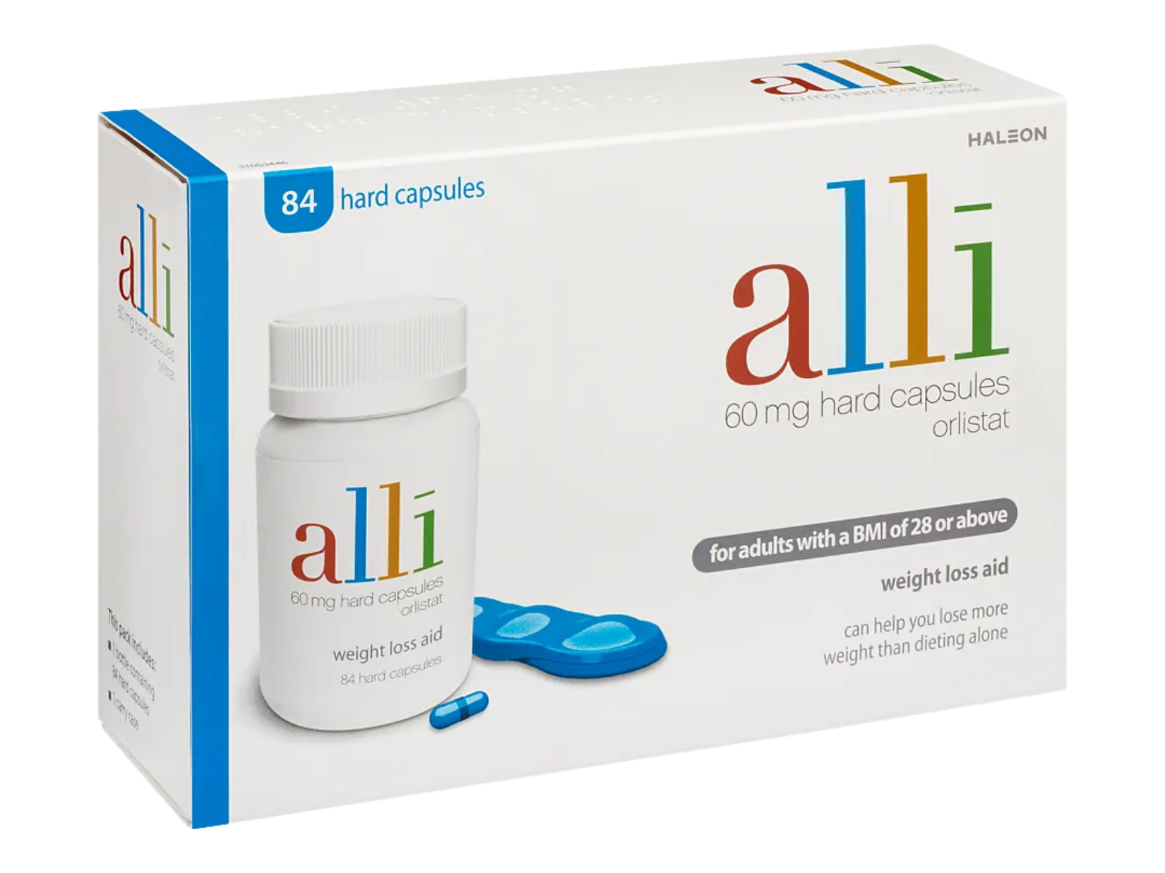 Alli Orlistat product box with bottle and capsules