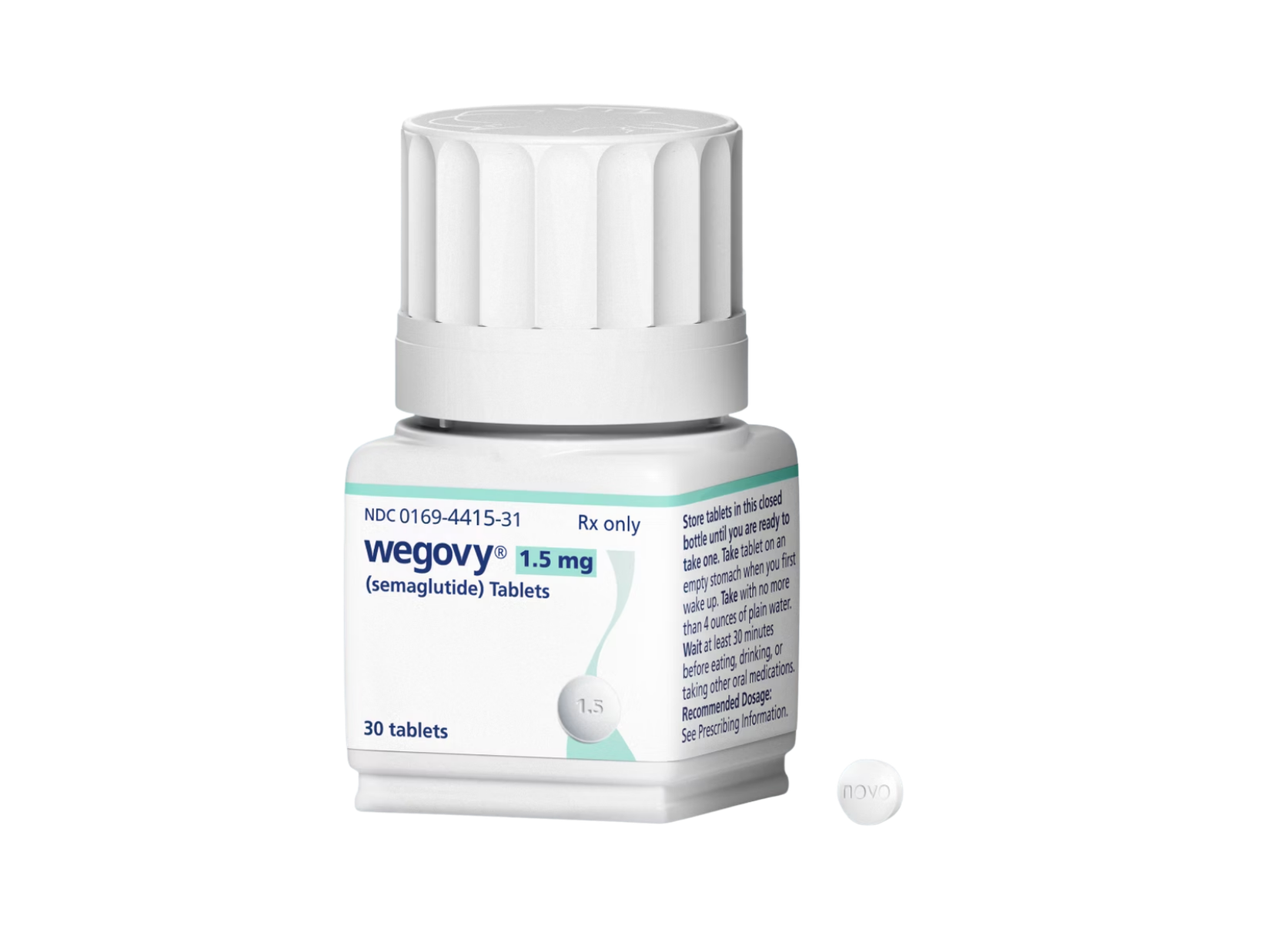 Bottle of Wegovy tablets with a tablet beside it